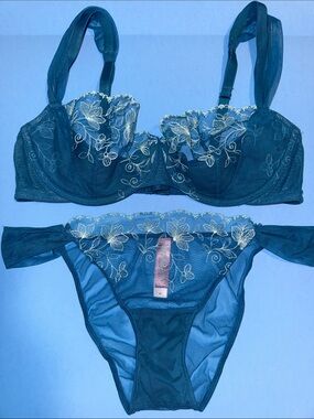 Adore me Embroidered Teal Lace Bra & Bikini Set - Women's Intimates